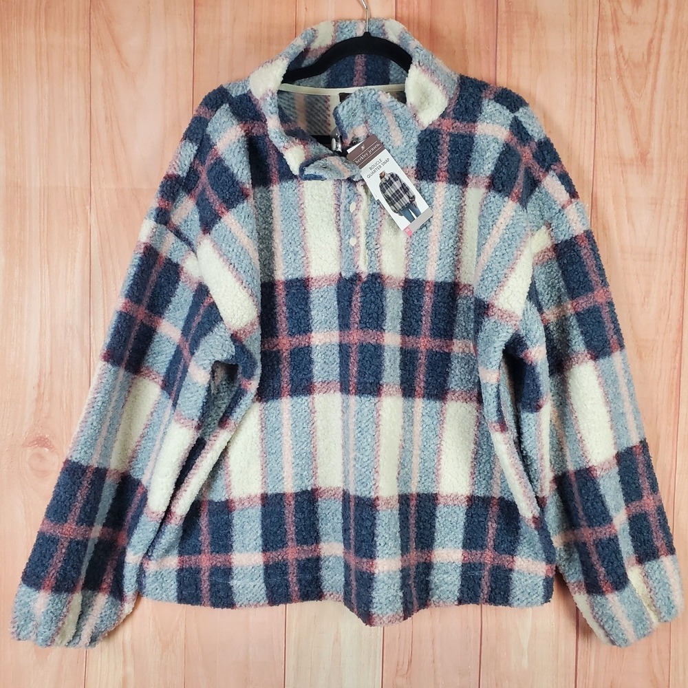 Berkley Jensen Boucle Jacket Womens 2XL Blue Plaid Fleece Quarter-Snap Pullover‎